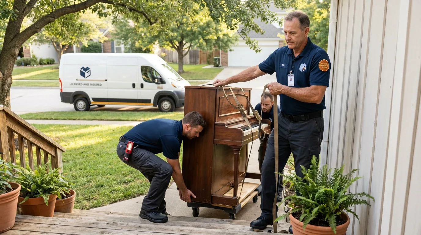 Licensed piano movers securing grand piano in Bronson, MI