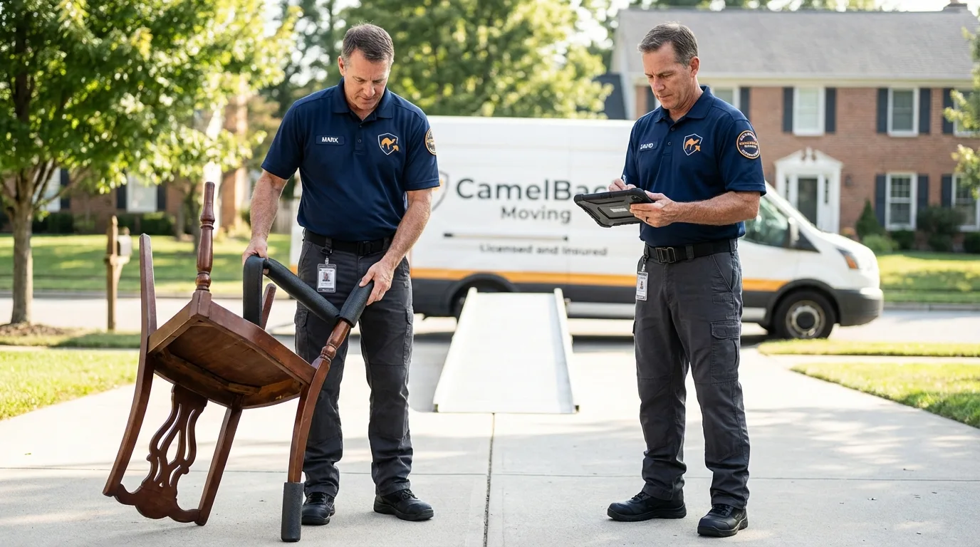 Movers inspecting furniture for damage prevention before loading in Bronson, MI