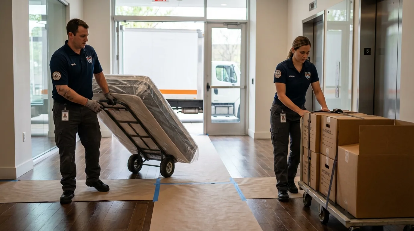Professional apartment movers loading elevator in Bronson, MI